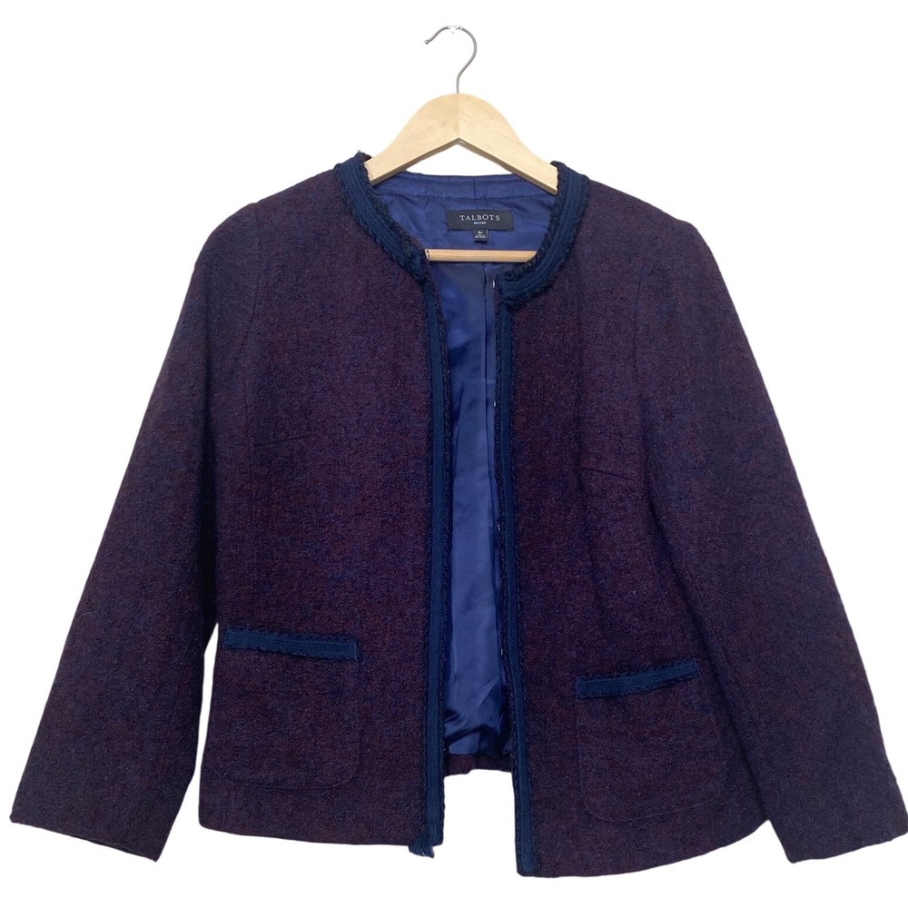 Talbots Petites Wool Blend Tweed Jacket Plum Navy Braided Trim 8P